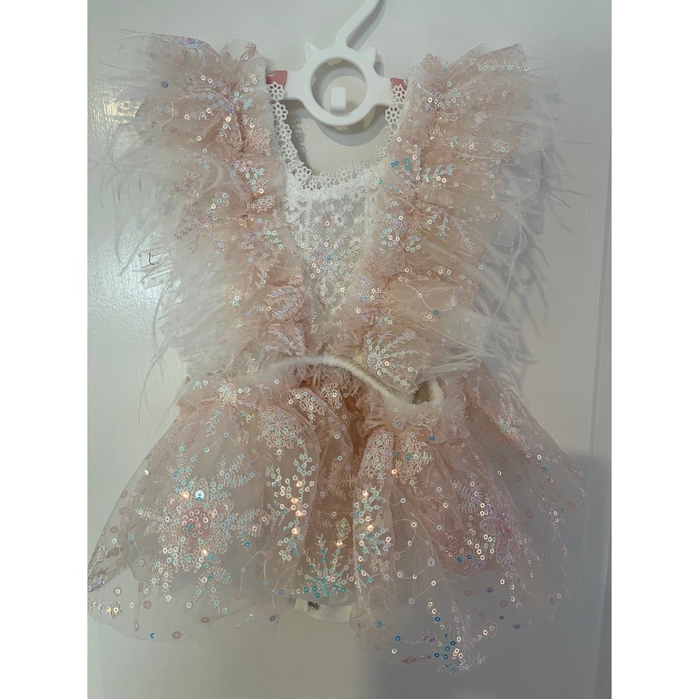 Snowflake Baby Dress 3–6 Months Pink Sequin Feather Romper Boutique Handmade